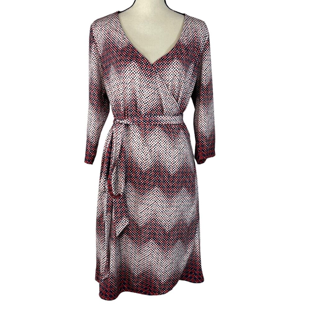 ModCloth 1X-Large Wrap Dress Chevron Dots Stretch 3/4 Sleeve Belted V-Neck Multi